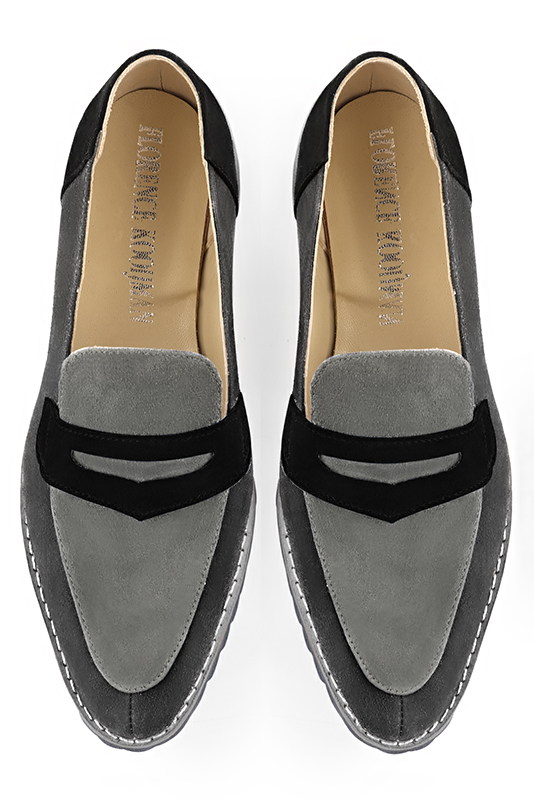Dark grey and matt black women's casual loafers. Round toe. Flat rubber soles. Top view - Florence KOOIJMAN